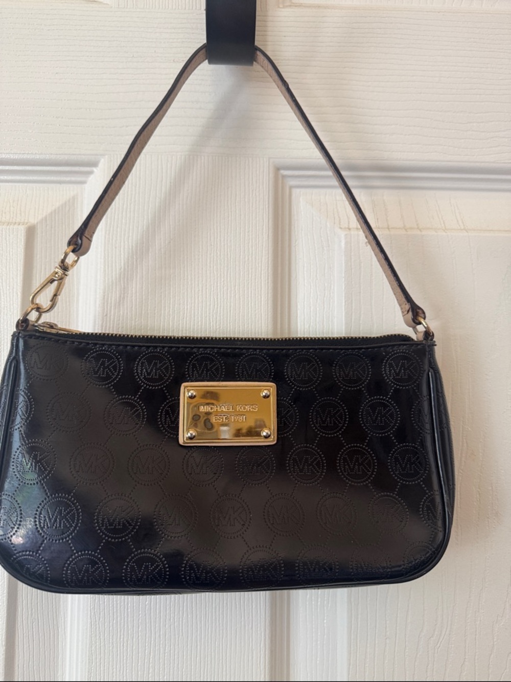 Michael Kors Black Patent Shoulder Bag with Gold Plaque